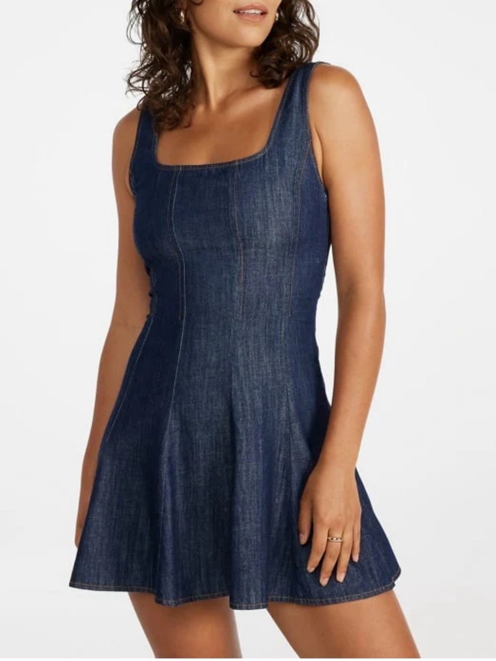 Square Neck Mini Seamed Dress in Dark Blue Fit-and-Flare Tank Dress Women’s XS